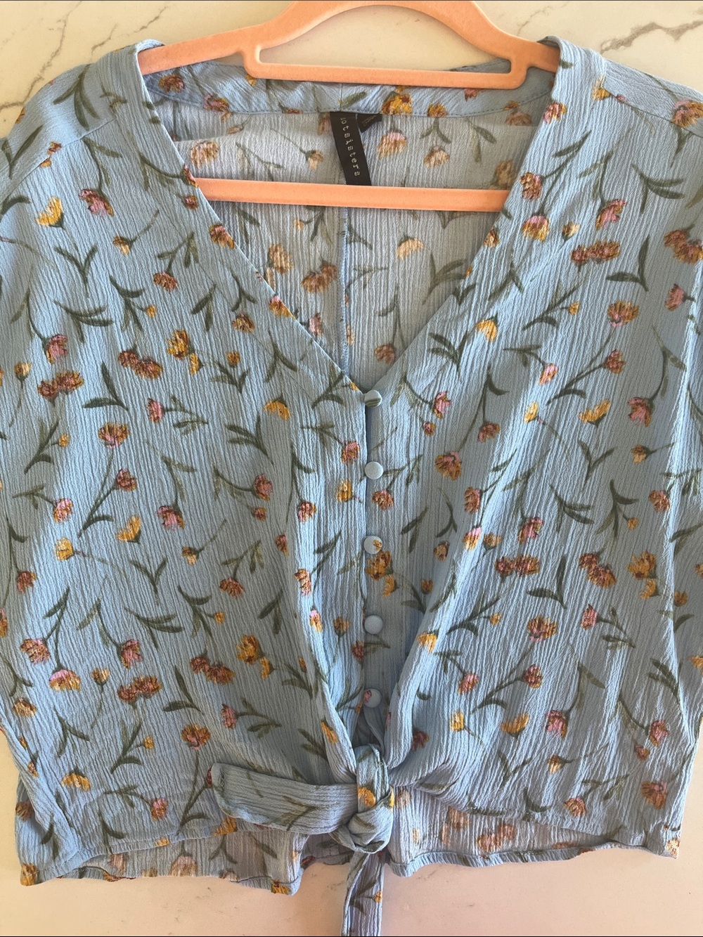 Knot Sisters Blue Floral Button-Front Tie Top